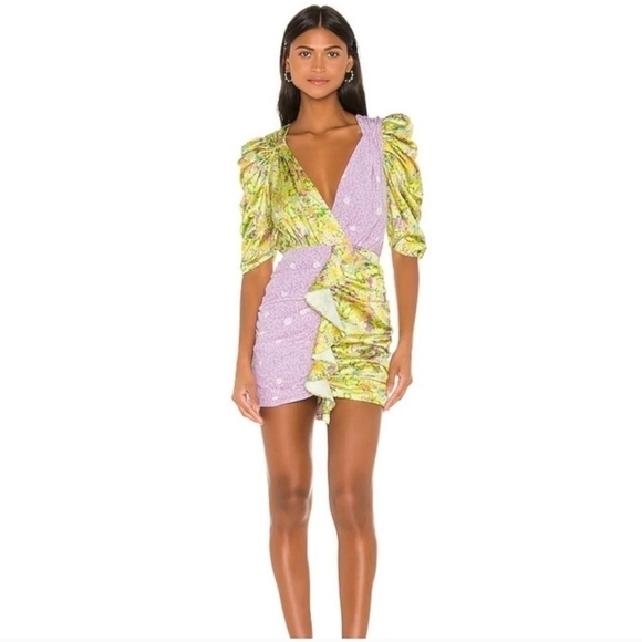 For Love&Lemons Dubois mixed print ruched mini dress freedom floral  XS NWOT - Picture 1 of 9